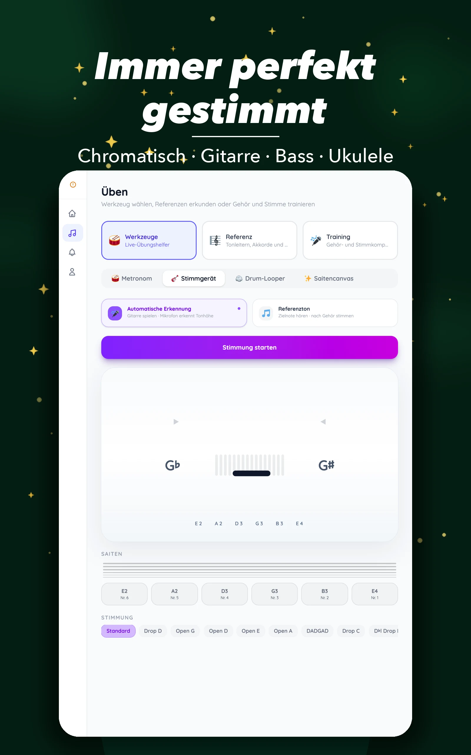 TempoFix Gitarren-Stimmgerät auf einem Android-Tablet — Echtzeit-Tonerkennung auf einem Großformat-Bildschirm