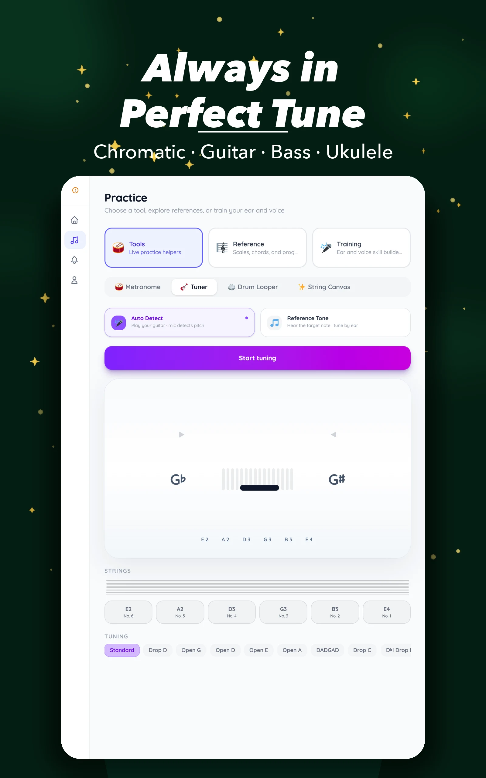 TempoFix Guitar Tuner on an Android tablet — real-time pitch detection across a full-size screen