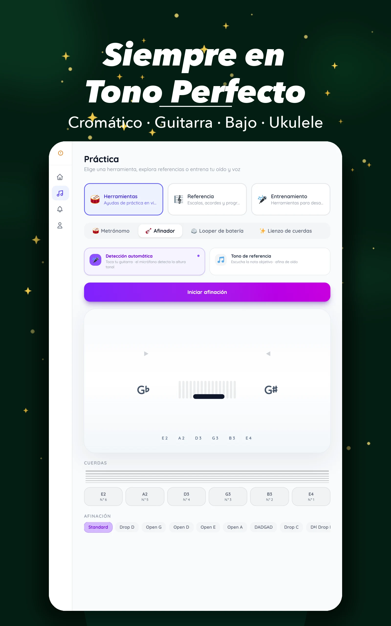 Afinador de guitarra de TempoFix en una tableta Android — detección de tono en tiempo real en pantalla grande