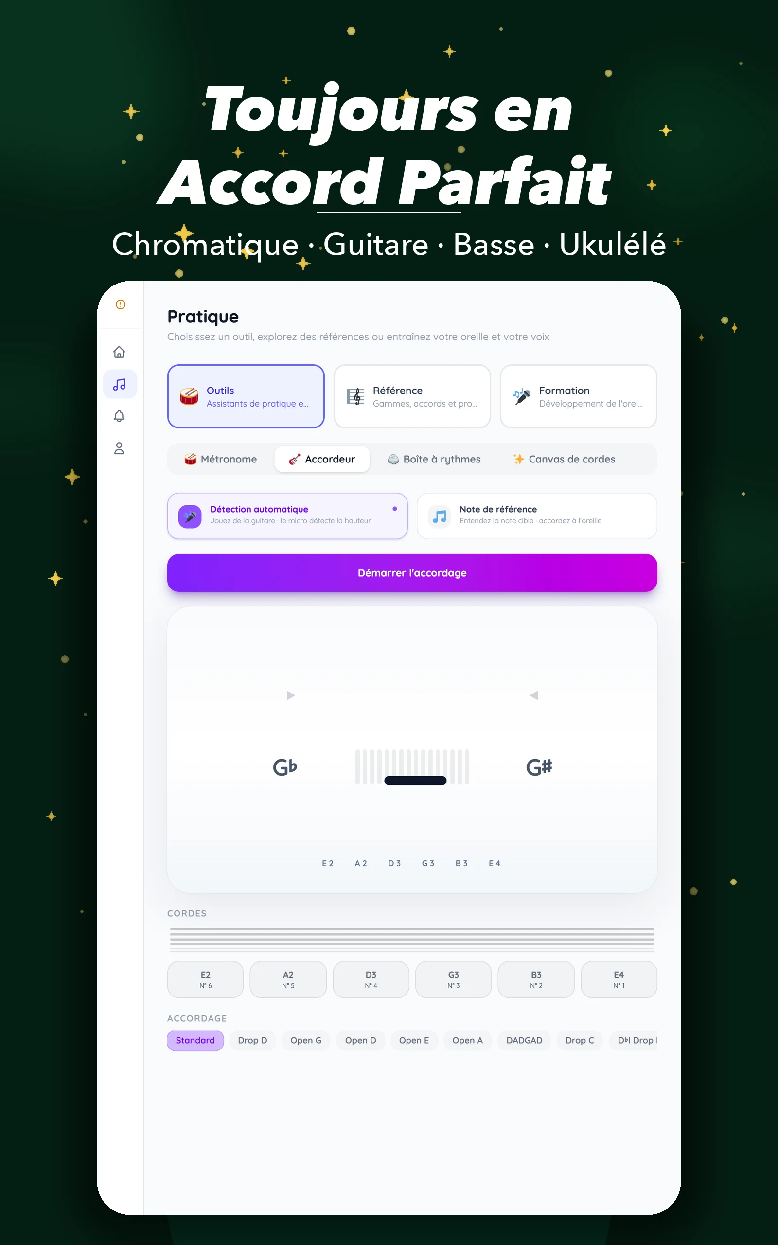 Accordeur de guitare TempoFix sur une tablette Android — détection de hauteur en temps réel sur grand écran