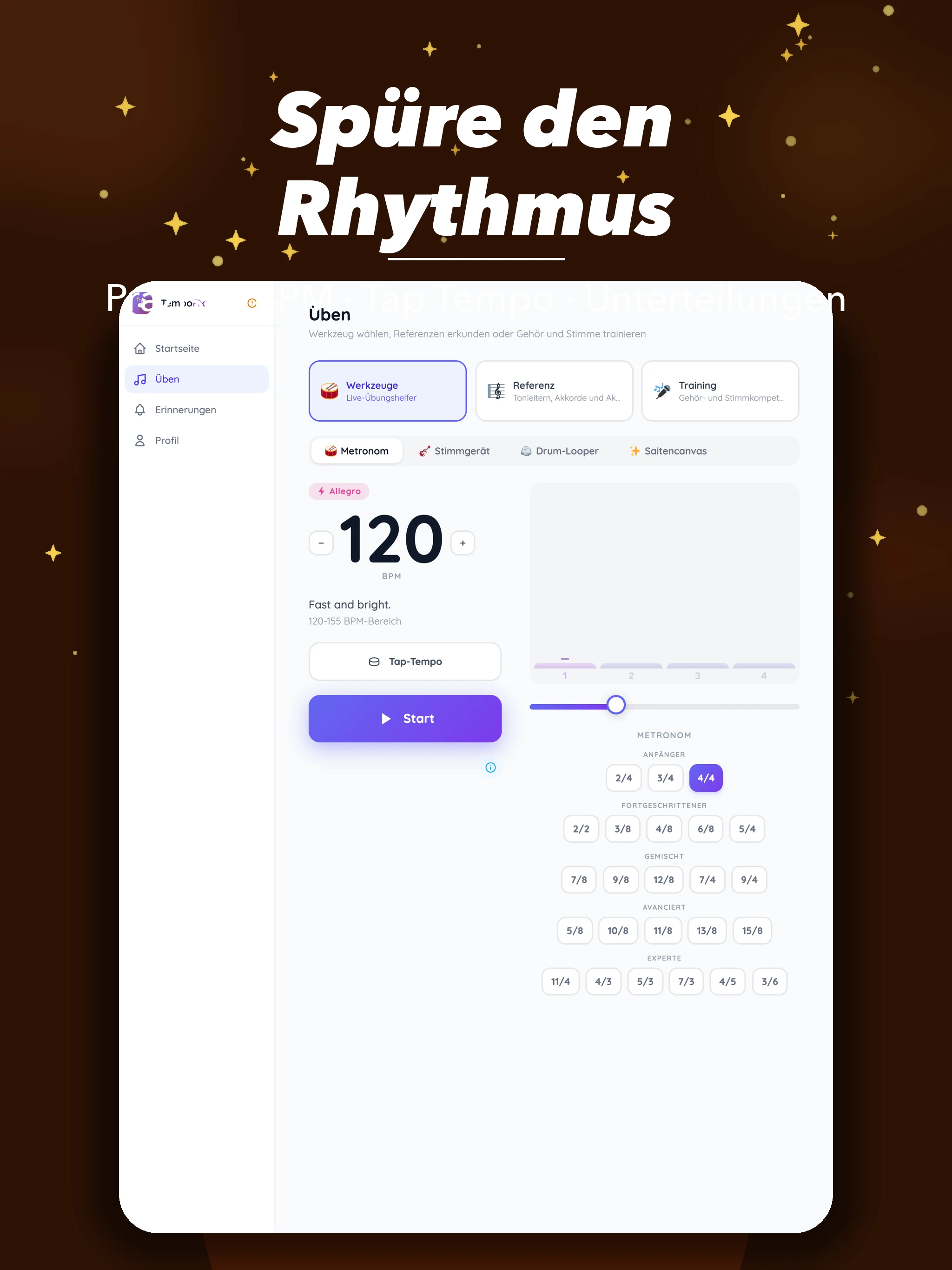 TempoFix Startbildschirm auf iPad — Übungs-Timer, Statistiken, Serien und wöchentliche Ziele